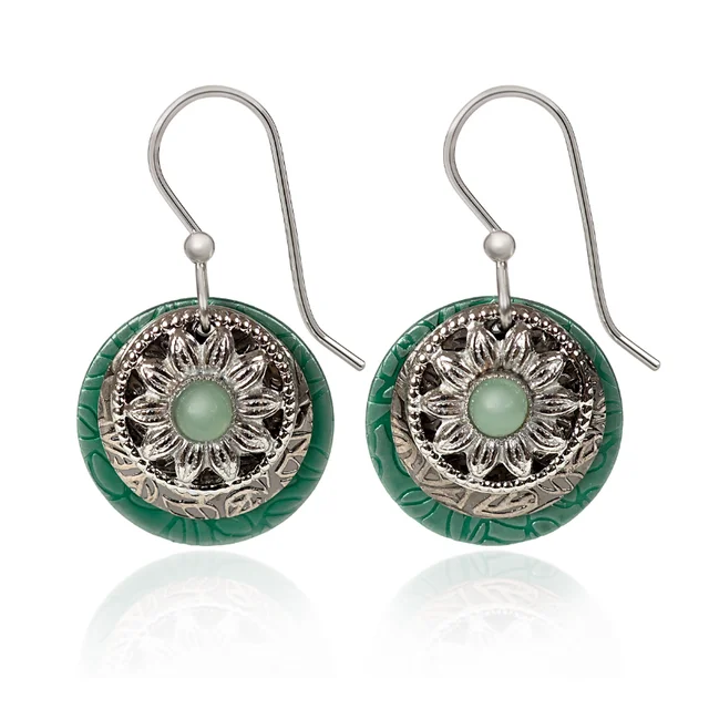 Unique Earrings for Trendy Looks-Silver Forest Earrings Green Round Layers with Flower