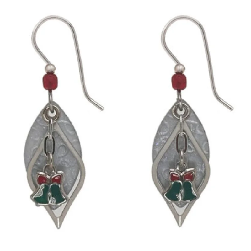 Crystal Stud Earrings for Weddings-Silver Forest Earrings Green and Red Holiday Bells Silver Drops