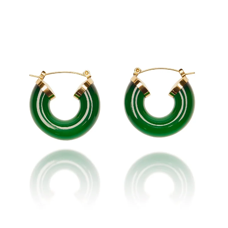 Geometric Gold Earrings-Chunky Green and Gold Resin Vintage Hoop Earrings: Gold and Green Earrings