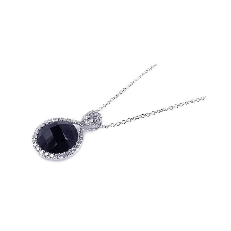 Handmade Necklace for Special Occasions-Silver 925 Rhodium Plated Onyx Circle Pendant Necklace with CZ