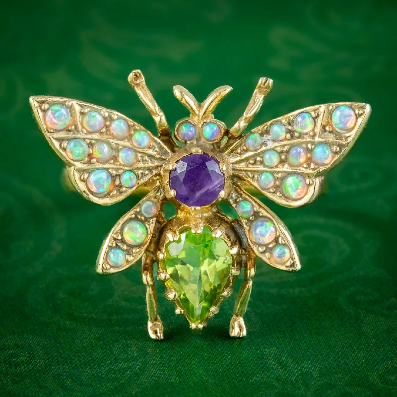 Simple Men’s Gold Band Ring-Edwardian Suffragette Style Bee Ring Opal Amethyst Peridot