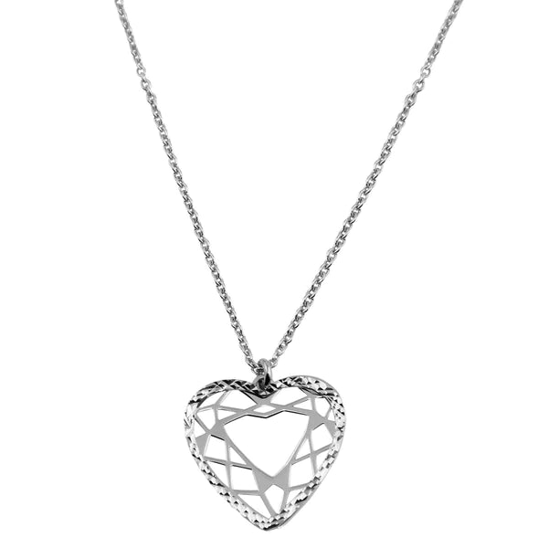 Adjustable Necklace for Comfortable Wear-Silver 925 Rhodium Plated Double Flat Open Heart Pendant