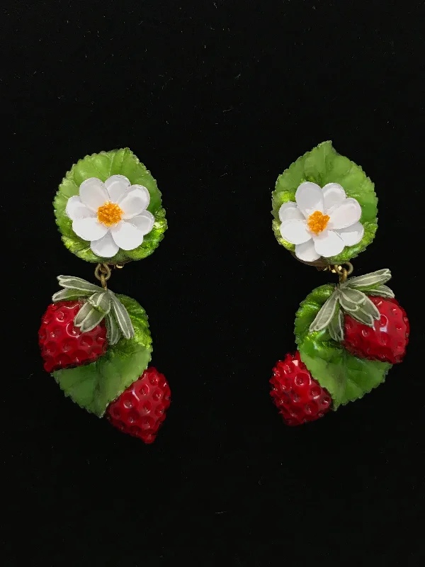 Handmade Earrings for Weddings-Frech Resin Strawberries & Flower Earrings