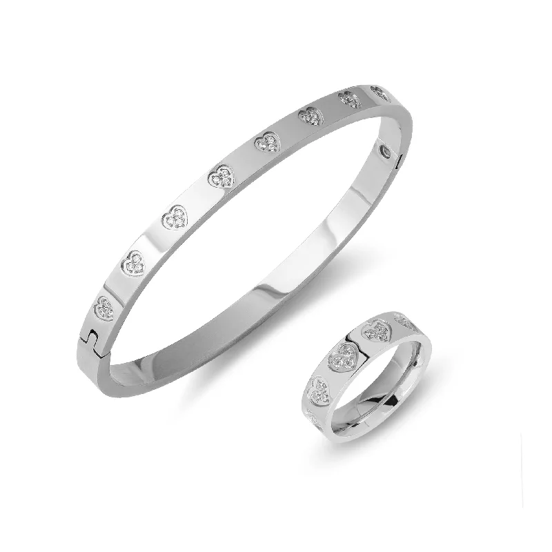 Sparkling Gold Bangles for Parties-Zirconia hearts bangle & ring silver