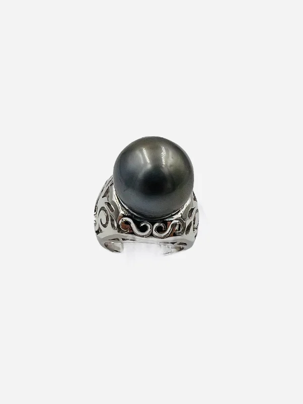 Unique Promise Ring for Her-Silver Grey 15.75mm Tahitian Pearl White Gold Ring