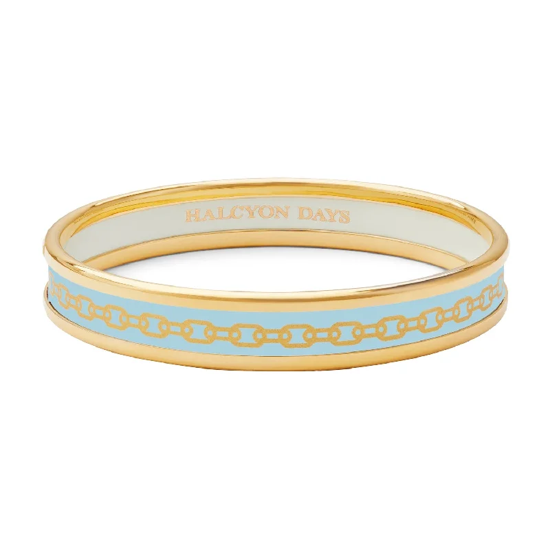 Silver Bangles with Engraving for Personal Touch-Skinny Chain Forget-Me-Not & Gold Enamel Bangle