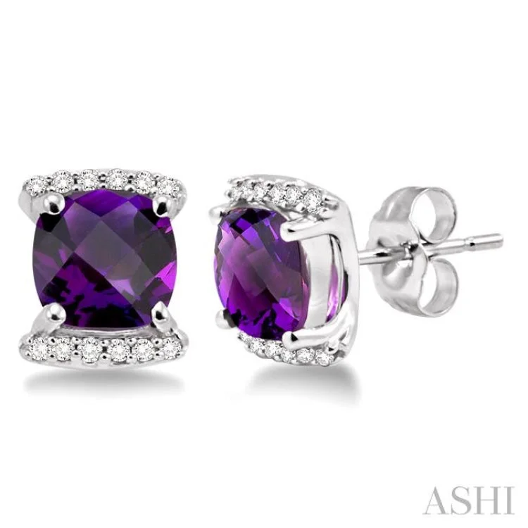 Unique Gem Earrings for Trendsetters-6x6MM Cushion Cut Amethyst and 1/10 Ctw Round Cut Diamond Earrings in 14K White Gold