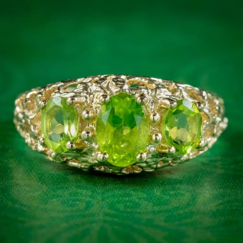 Custom Diamond Ring for Engagement Proposal-Victorian Style Peridot Trilogy Ring 9ct Gold