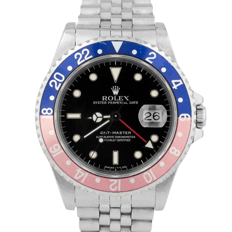 Retro Watches for Fashion Forward Men-UNPOLISHED Rolex GMT-Master I 40mm PEPSI Blue Red Stainless Steel Watch 16700