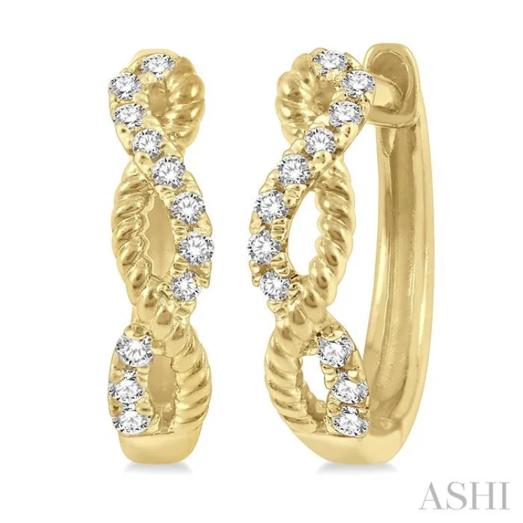 Stylish Gold Earrings for Weddings-1/10 Ctw Split & Twisted Rope and Round Cut Diamond Huggie Earrings in 10K Yellow Gold