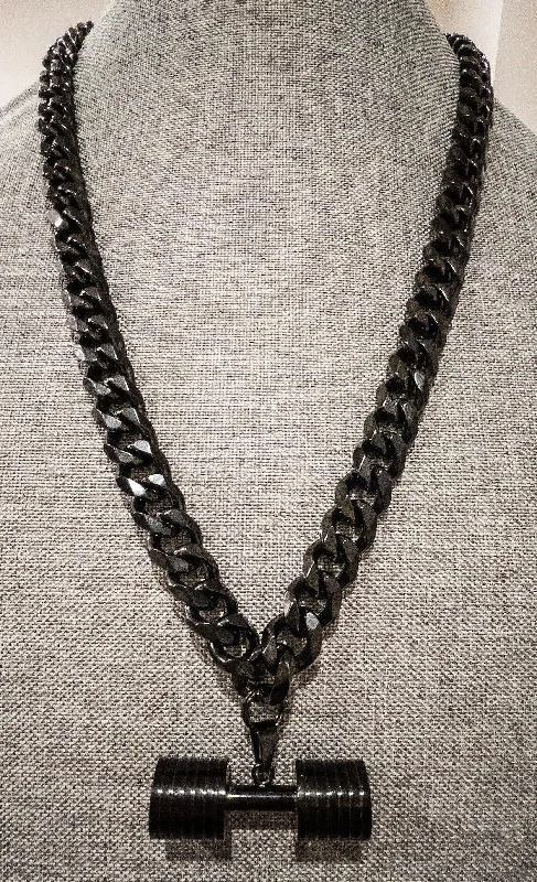 Elegant Chain Necklace for Weddings-Huge Black Enamel Dumbbell Necklace with a Stainless Steel Cuban chain