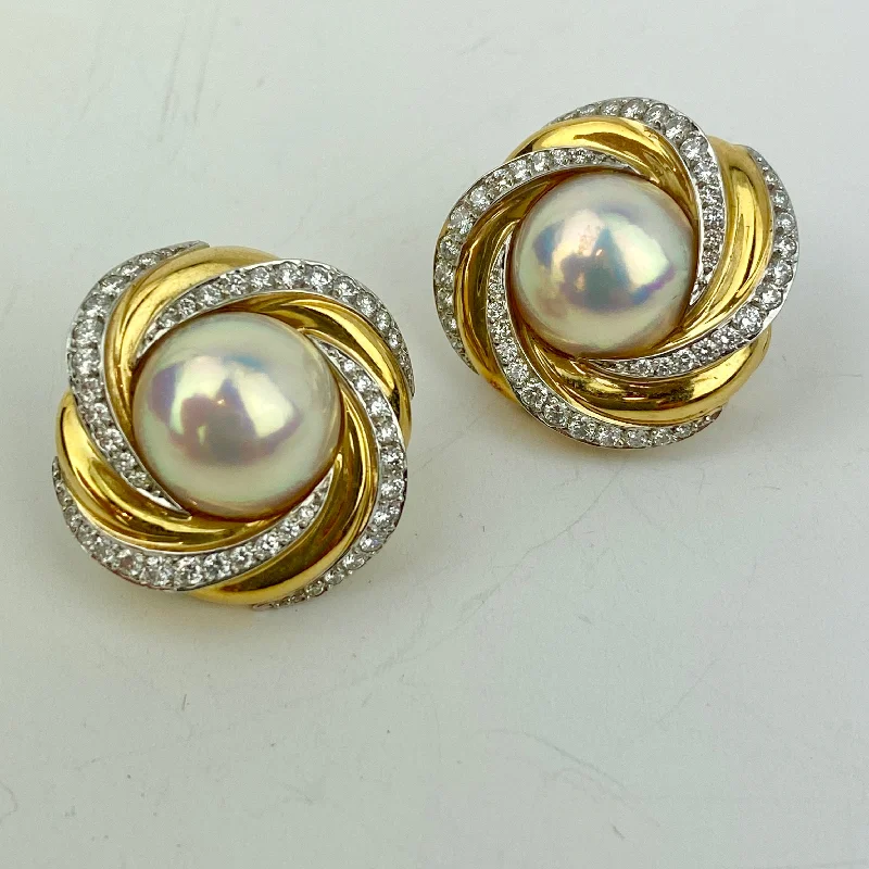 Handcrafted Silver Earrings-Estate Collection Earrings - Mikimoto 18Kt Gold Diamond & Mabe Pearl Earrings