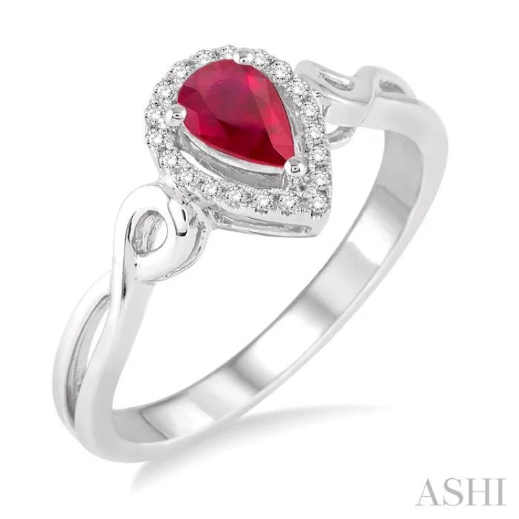 Custom Name Ring for Personal Touch-6x4 MM Pear Shape Ruby and 1/10 Ctw Round Cut Diamond Ring in 10K White Gold