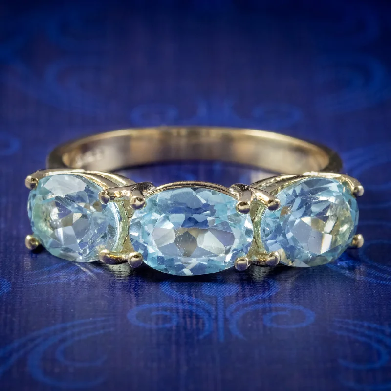 Handmade Gold Ring for Gifts-Victorian Style Blue Topaz Trilogy Ring 9ct Gold 3ct Of Topaz