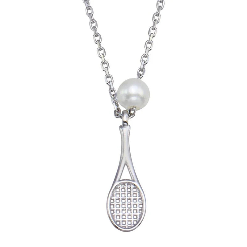 Simple Silver Chain Necklace-Silver 925 Rhodium Plated 925 Sterling Silver Synthetic Mother of Pearl Tennis Racket Necklace