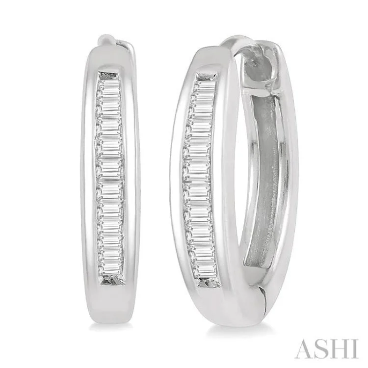 Fashion Earrings for Casual Wear-1/10 Ctw Inlay Baguette Diamond Huggie Earrings in 10K White Gold