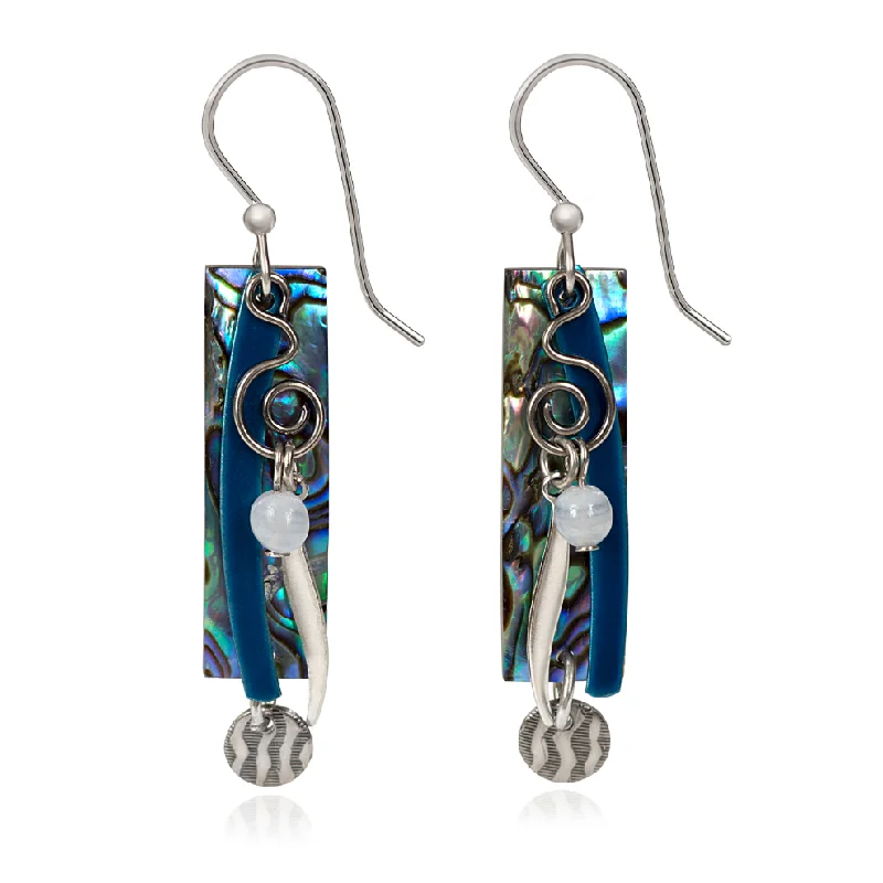 Classic Diamond Earrings-Silver Forest Blue Layers with Coil and Bead Dangle Drop Earrings