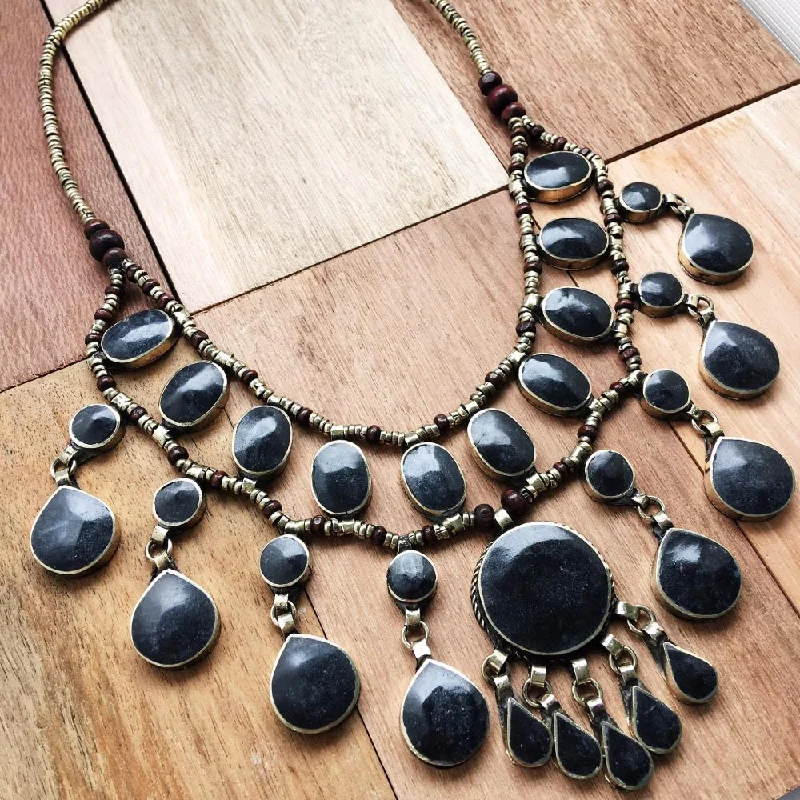 Simple Pendant Necklace for Day Wear-Tribal black stone boho necklace