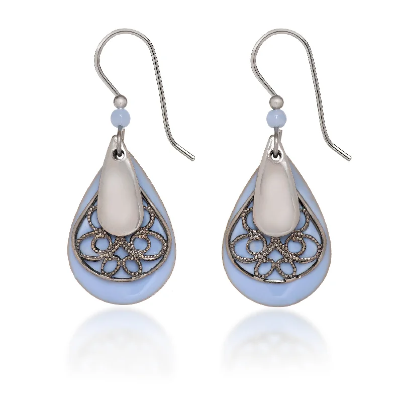 Elegant Pearl Earrings for Wedding-Silver Forest Light Blue Teardrop and Silver Filigree Pierced Earrings