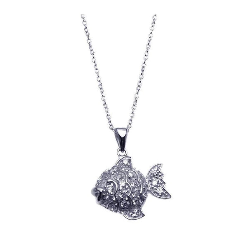 Customizable Charm Necklace-Silver 925 Rhodium Plated Clear CZ Fish Pendant Necklace