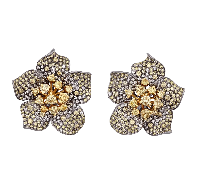 Trendy Stud Earrings for Young Women-Floral Yellow Diamond Earrings, 8.00 carats