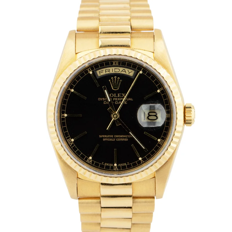 Women's Watches with Unique Design-Rolex Day-Date President 36mm Black 18K Yellow Gold Double Quick Watch 18238