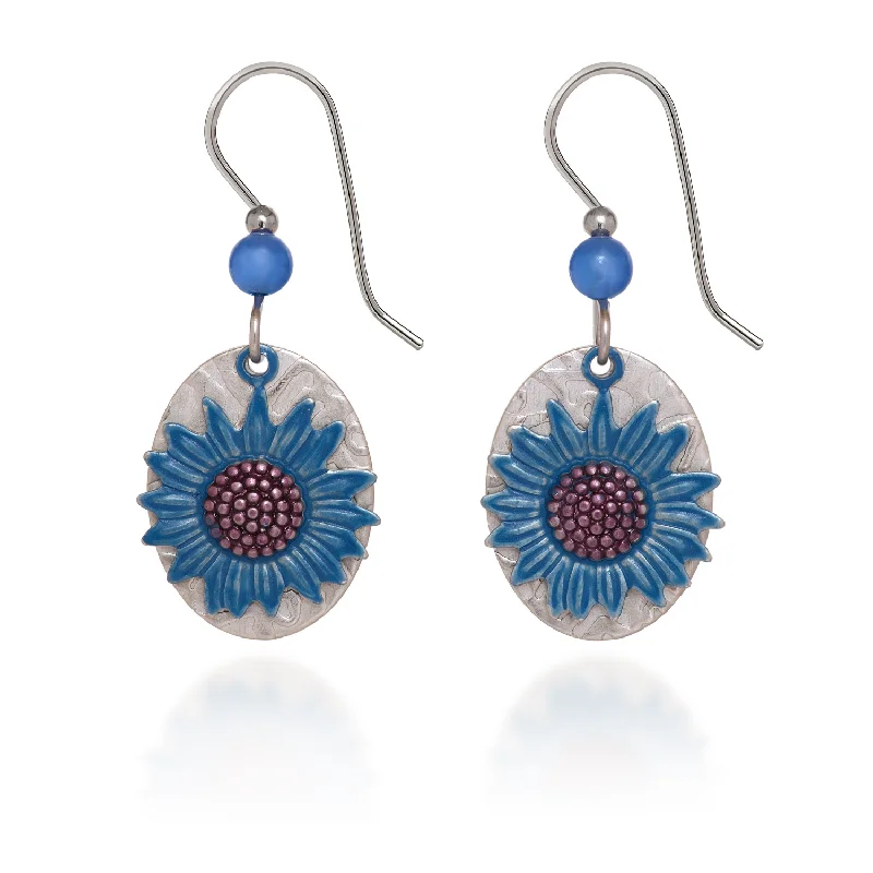 Fashion Forward Earrings for Teen Girls-Silver Forest Blue and Silver Sunflower Earrings