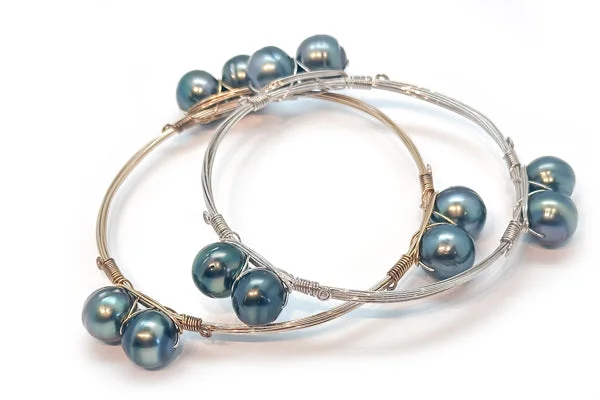 Fashion Bangles for Young Adults-Wire Wrap Tahitian Cultured Pearl Bangles