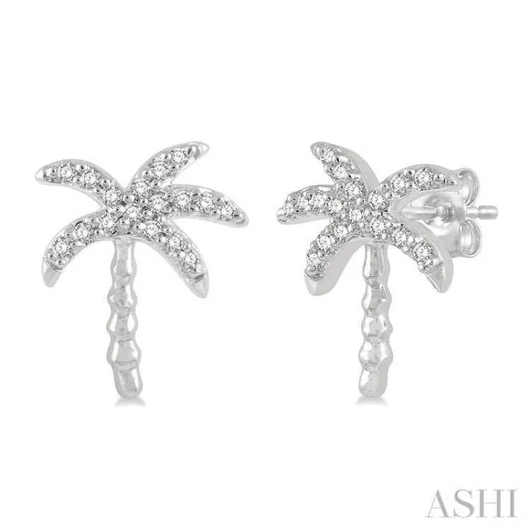 Bridal Earrings for Bride-to-be-1/10 Ctw Palm Tree Round Cut Diamond Petite Fashion Earring in 10K White Gold