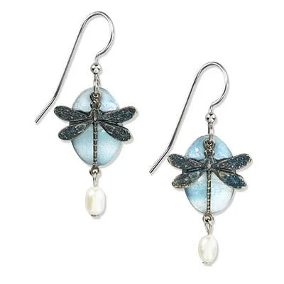 Handmade Gold Earrings-Silver Forest Earrings Silver Blue Dragonfly White Bead