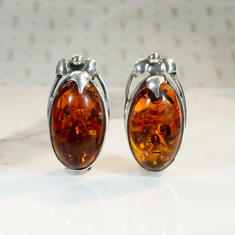 Beautiful Drop Earrings for Elegant Look-Enchanting Amber in Sculpted Sterling Earrings