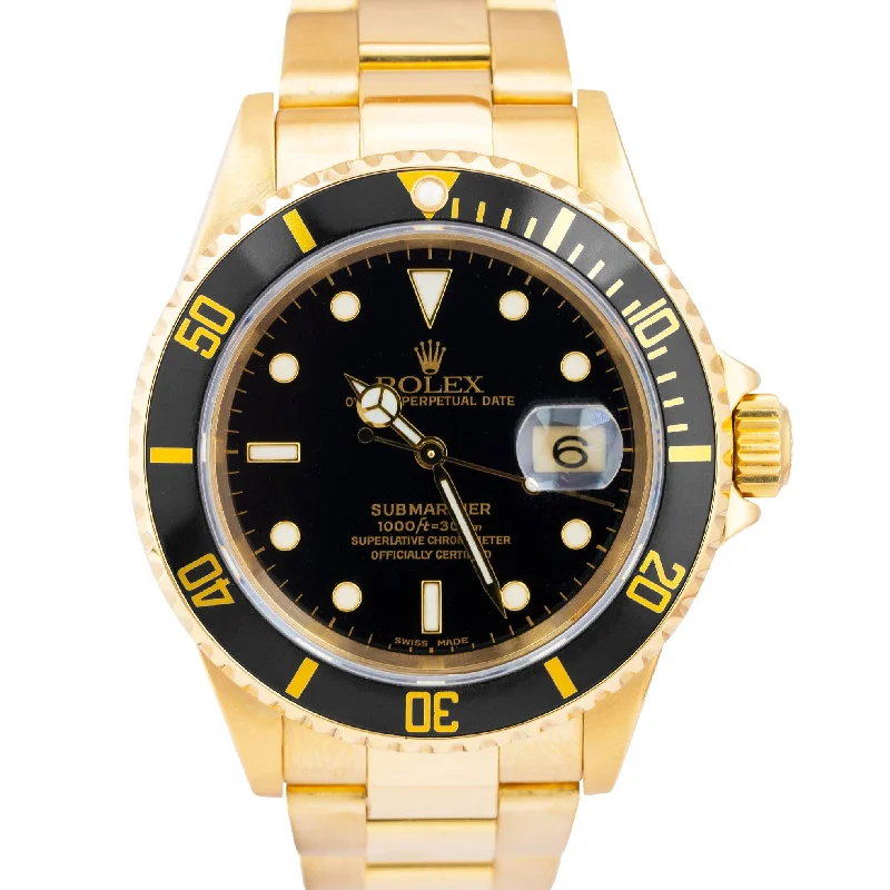 Men's Watch with Blue Dial for Stylish Look-Rolex Submariner Date 18K Yellow Gold Black 40mm NO-HOLES CASE Dive Watch 16618