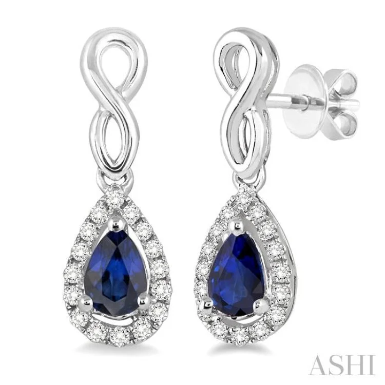 Classic Gemstone Earrings-5x3 MM Pear Shape Sapphire and 1/6 Ctw Round Cut Diamond Earrings in 10K White Gold