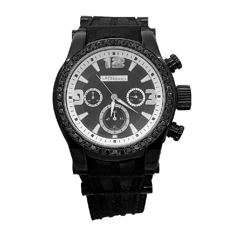 Men's Watches with Classic Leather Straps-2.00 Carat Black Diamond Rubber Hip Hop Watch JoJino