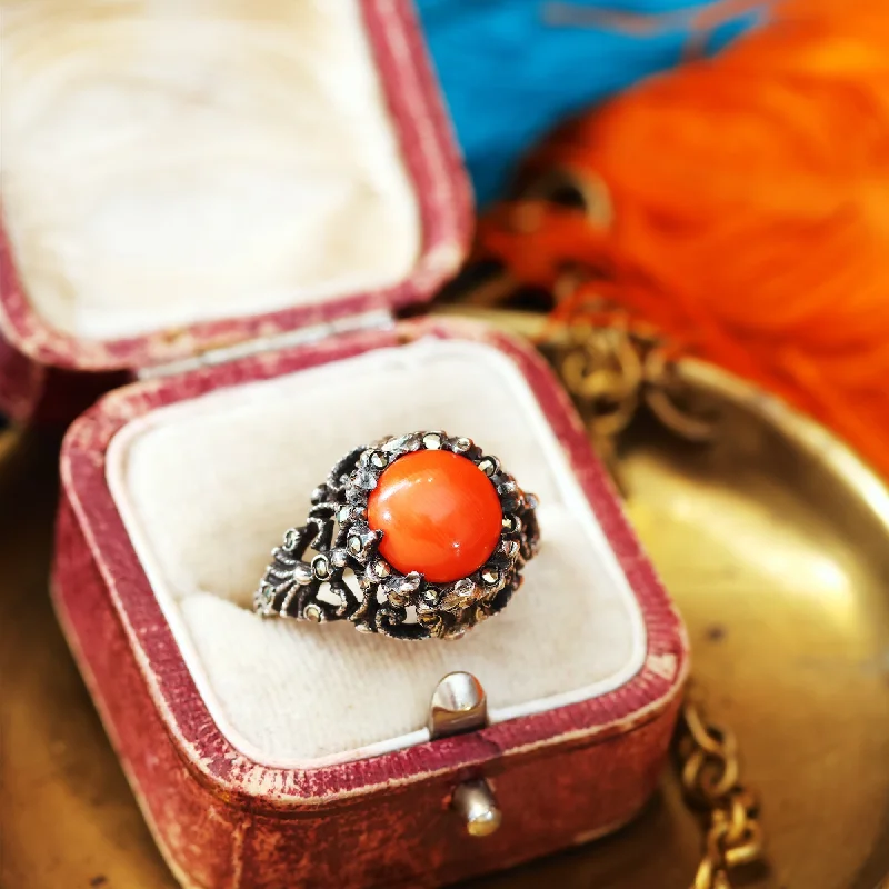 Classic Silver Ring for Casual Wear-Vintage Coral & Marcasite Cocktail Dress Ring