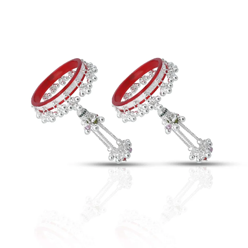 Wedding Bangles with Diamonds-Silver Chain Design with Ghungroo Red Bangles