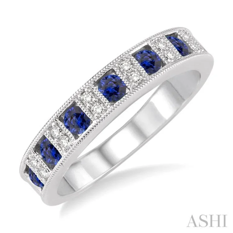 Luxury Wedding Ring for Anniversary-2.5 mm Round Cut Sapphire and 1/10 Ctw Round Cut Diamond Band in 14K White Gold