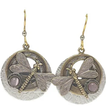 Handcrafted Gemstone Earrings-Silver Forest Dragonfly Round Circle Earrings