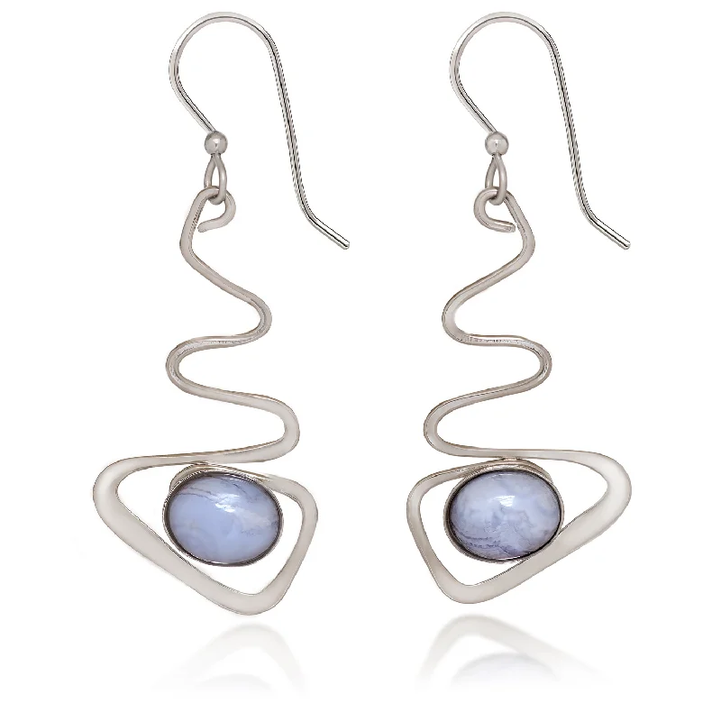 Crystal Earrings for Evening Glam-Silver Forest Contemporary Zig -Zag with Oval Agate Stone Pierced Earrings