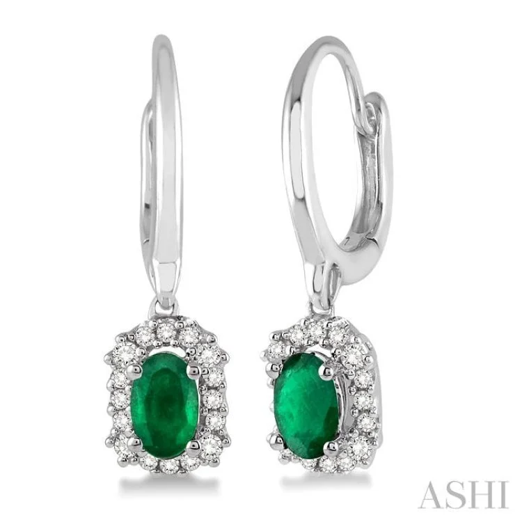 Ethnic Earrings for Traditional Wear-5x3 MM Oval Cut Emerald and 1/6 Ctw Round Cut Diamond Earrings in 14K White Gold