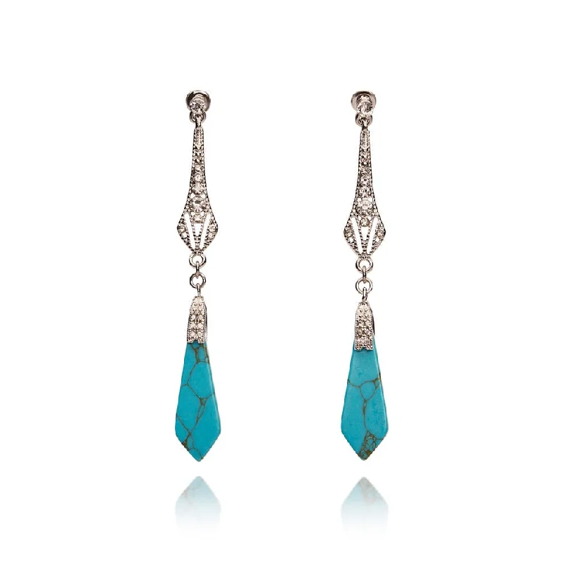 Luxury Diamond Earrings-Victorian Style Turquoise and Silver Long Drop Earrings