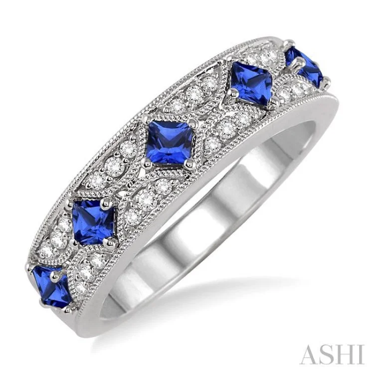 Bold Stackable Rings for Fashion-2.5 mm Princess Cut Sapphire and 1/6 Ctw Round Cut Diamond Band in 14K White Gold