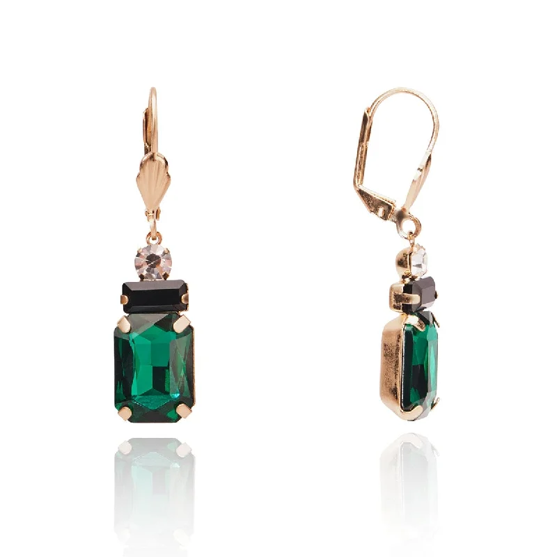 Colorful Stone Earrings-Vintage Emerald Earrings: Art Deco Oblong Emerald Stone & Pearl Drop Earrings