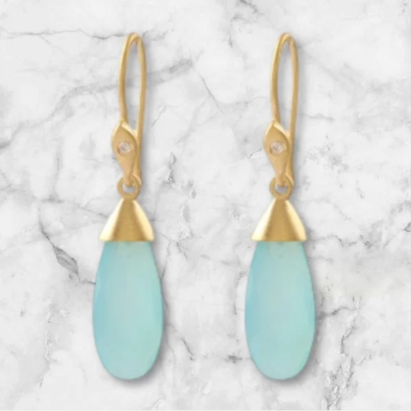 Colorful Stone Earrings-Narrow Aqua Chalcedony Drop Earrings