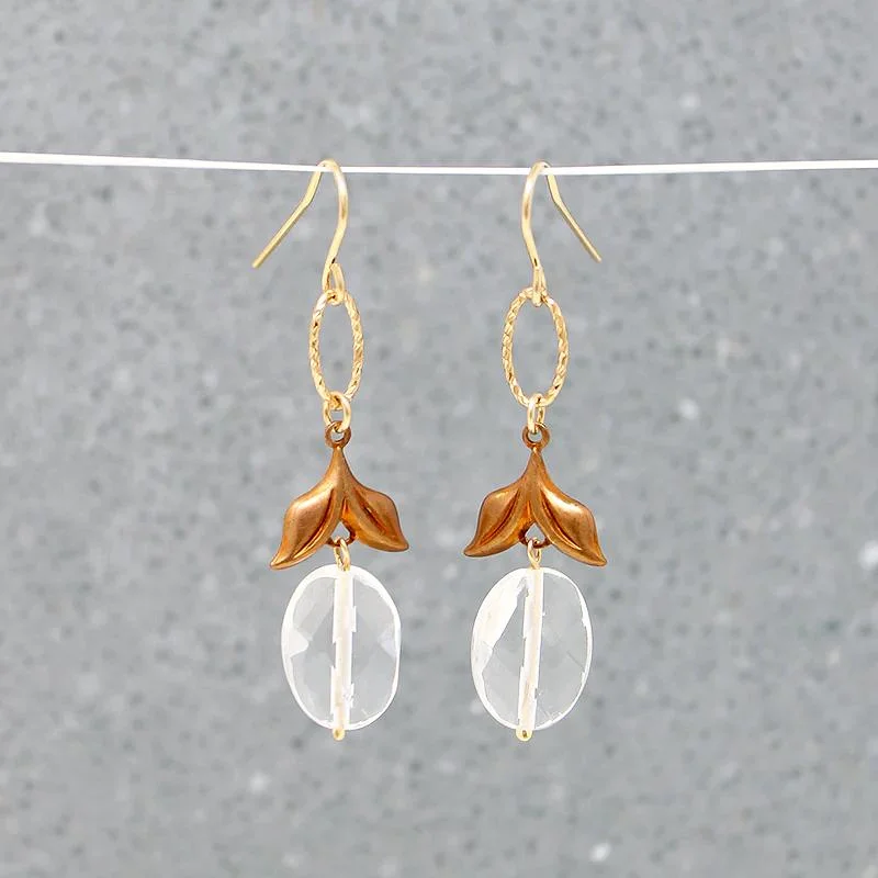 Glamorous Earrings for Night Life-Faceted Crystal & Brass Leaves Drop Earrings by Brin