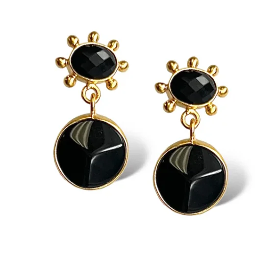 Elegant Drop Earrings for Weddings-Dina Mackney - Earrings Double Onyx Pinwheels