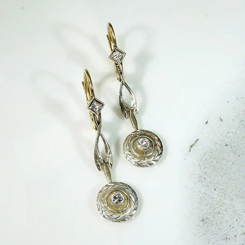 Silver Earrings for Elegant Looks-Delicate Deco Drop Earrings in Two-Tone Gold & Diamonds