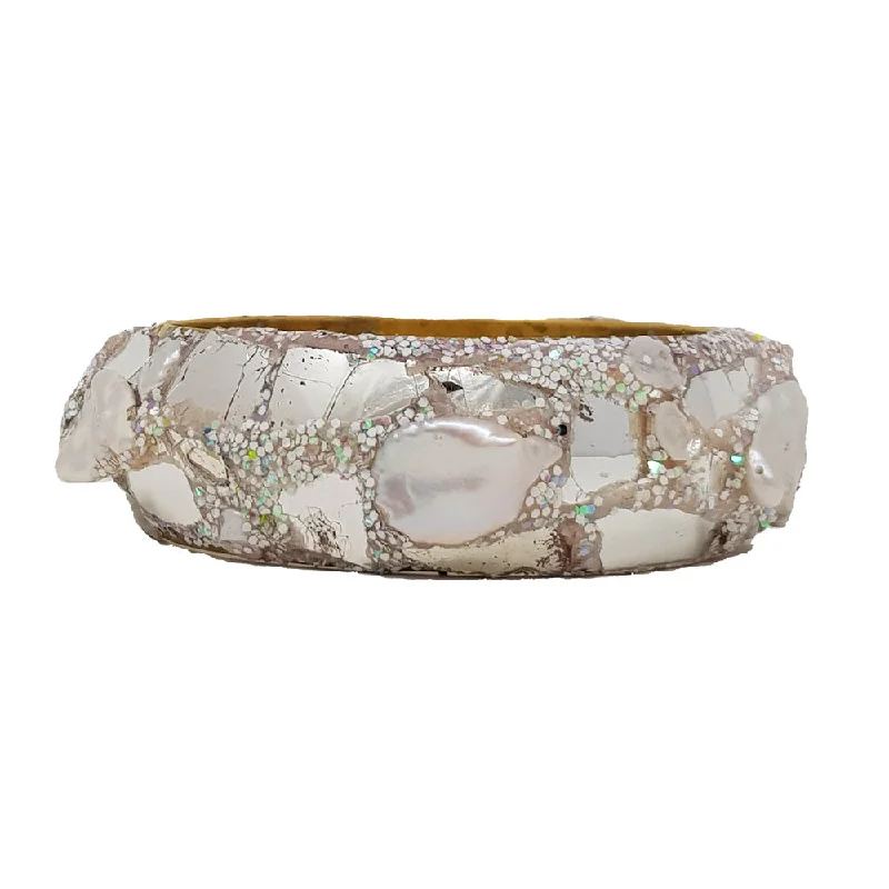 Silver Bangles for Women with Gemstones-PEARL AND SILVER MEDIUM BANGLE