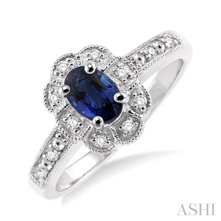 Custom Name Ring for Personal Touch-6x4 mm Oval Cut Sapphire and 1/20 ctw Single Cut Diamond Ring in Sterling Silver