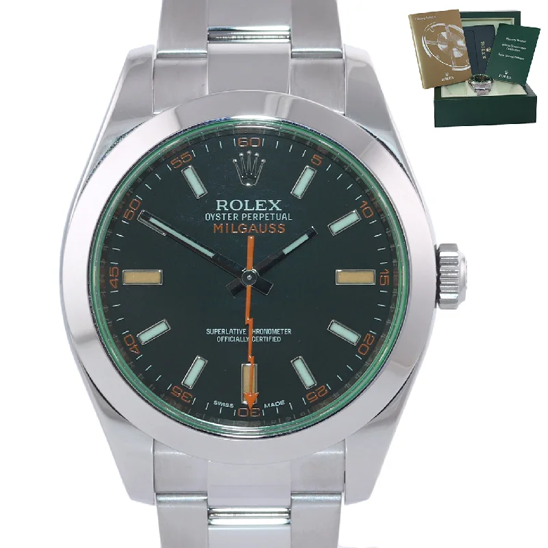 Fashion Watches with Oversized Faces-MINT Rolex Milgauss Green Anniversary Orange Black 116400 GV Steel Watch Box